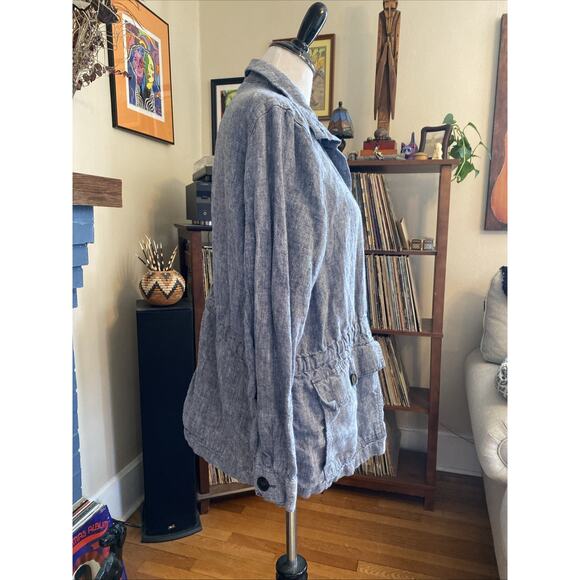 Land's End Women’s L 100% Linen Button Down Jacket Blue Indigo Pockets Boho - Picture 3 of 10
